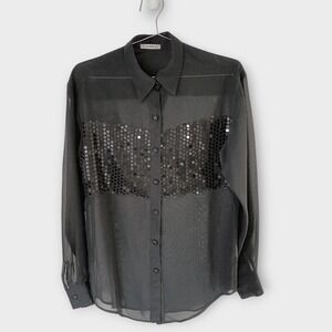 Vtg Women Black Sheer Sequin Button Down Long Sleeve Shirt Top Holiday Party 70s